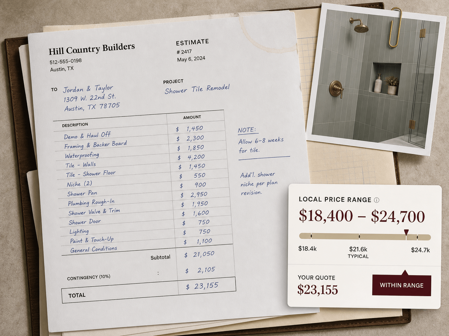 A contractor estimate, shower tile project photograph, and local price comparison result